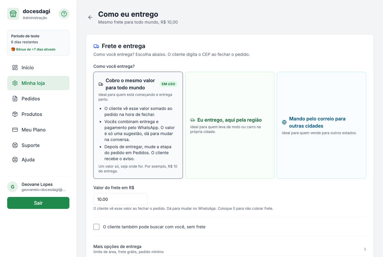 A aba Como eu entrego, com os três jeitos de entregar