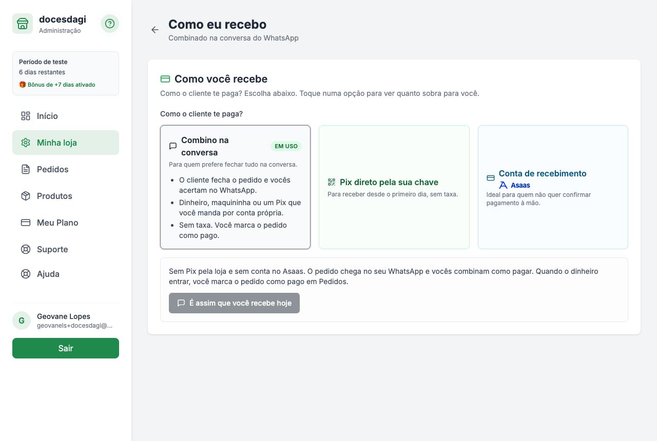 A aba Como eu recebo, com o card Pix direto pela sua chave