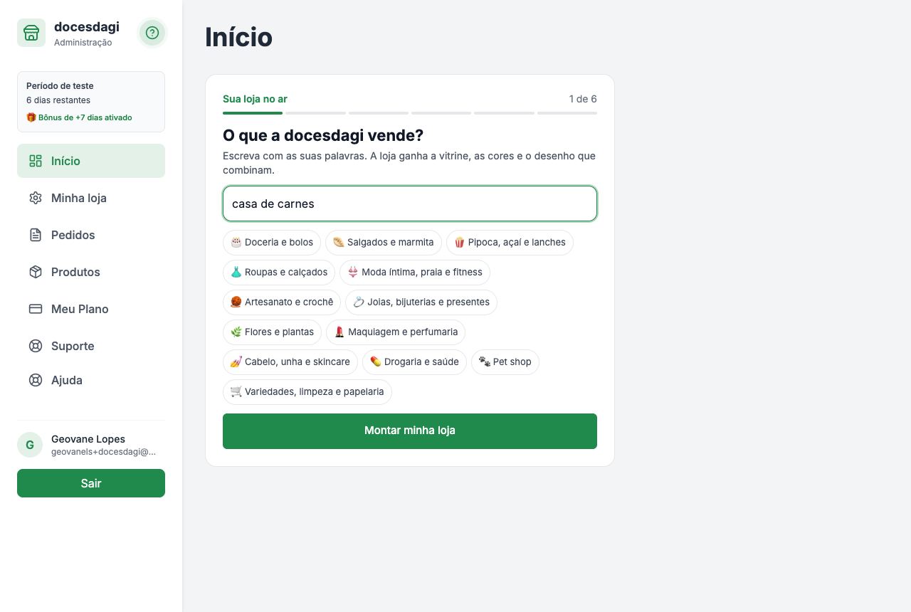 A tela Início da loja, com atalhos e o menu à esquerda