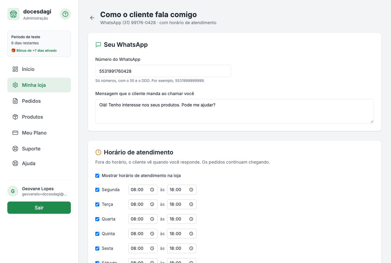 A aba Meu WhatsApp, com o número e o horário de atendimento